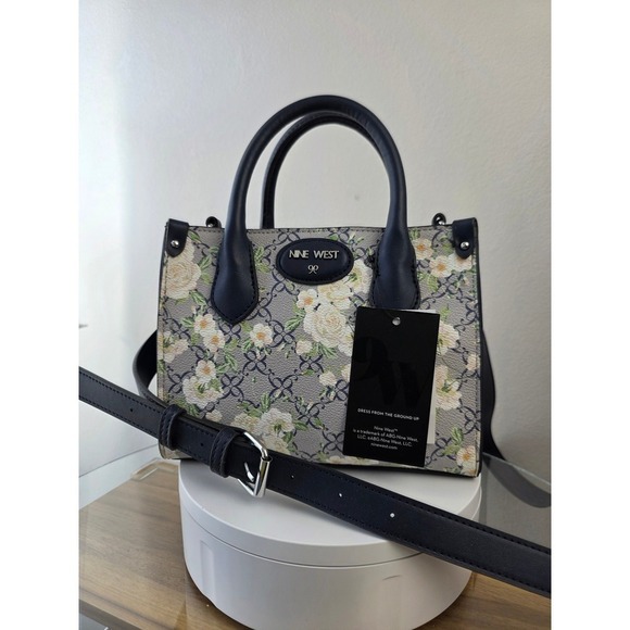 Nine West Handbags - Nine West Archy Mini Satchel Navy Floral Logo Crossbody Bag  Flawed Poor